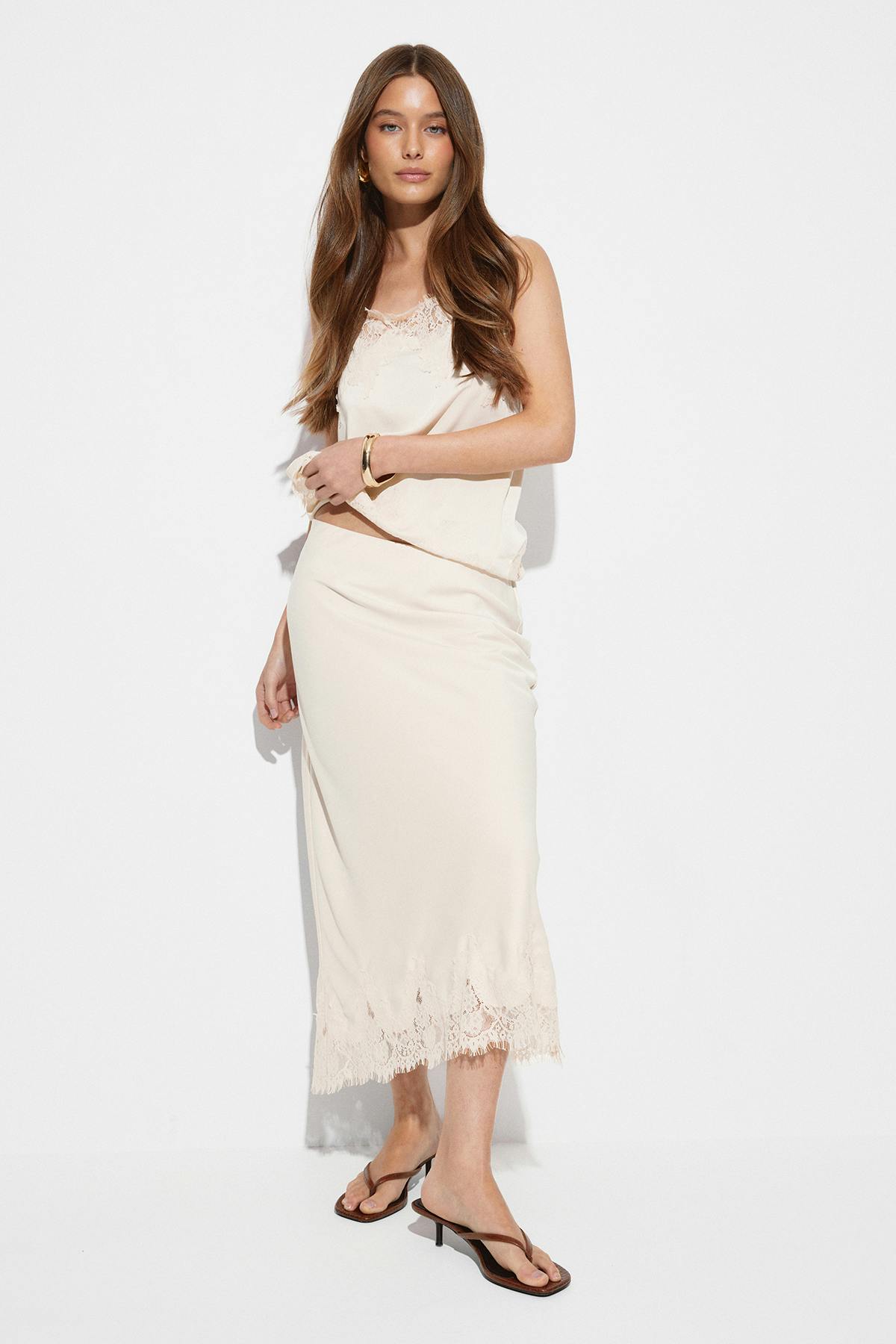 Lace satin midi skirt