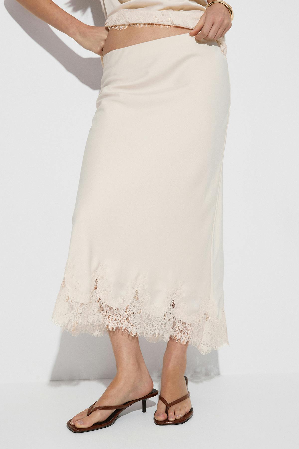 Lace satin midi skirt