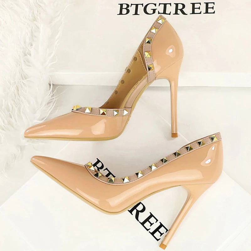 BIGTREE Rivet Luxe Patent Stiletto Heels