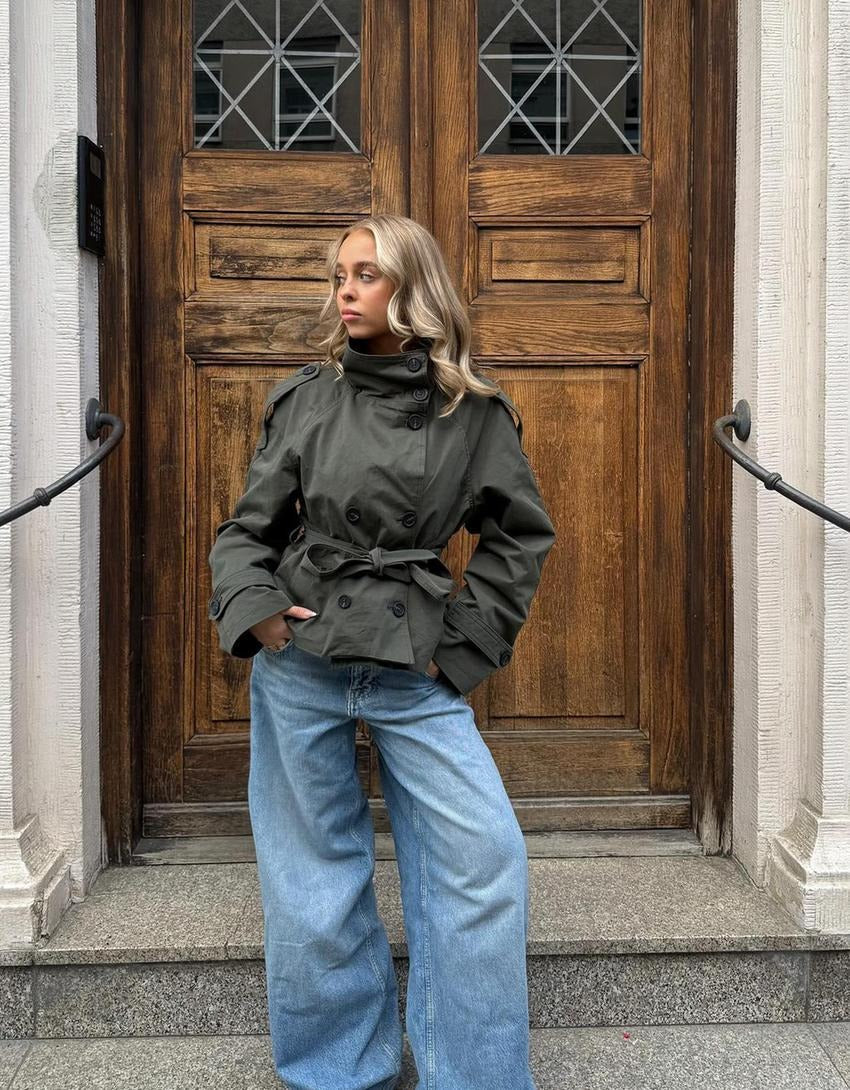 Verona Funnel Neck Belted Cropped Trench Jacket