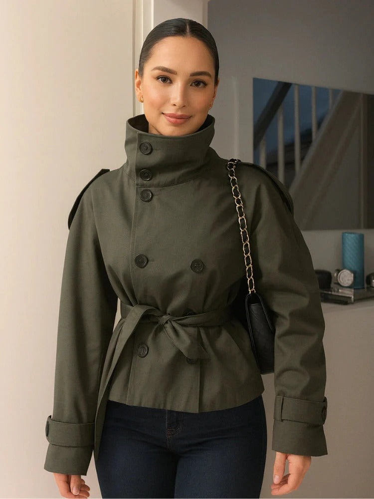 Verona Funnel Neck Belted Cropped Trench Jacket