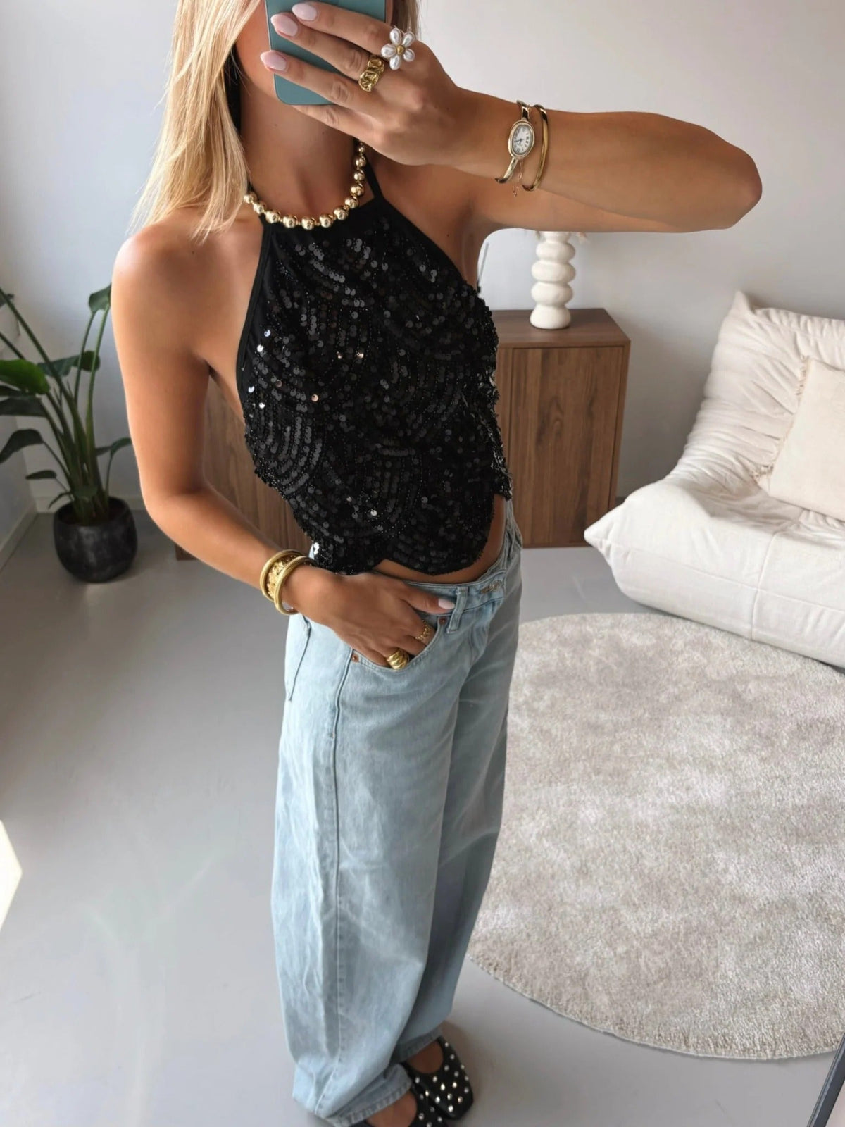 Mach & Aliza Sequin Halter Top