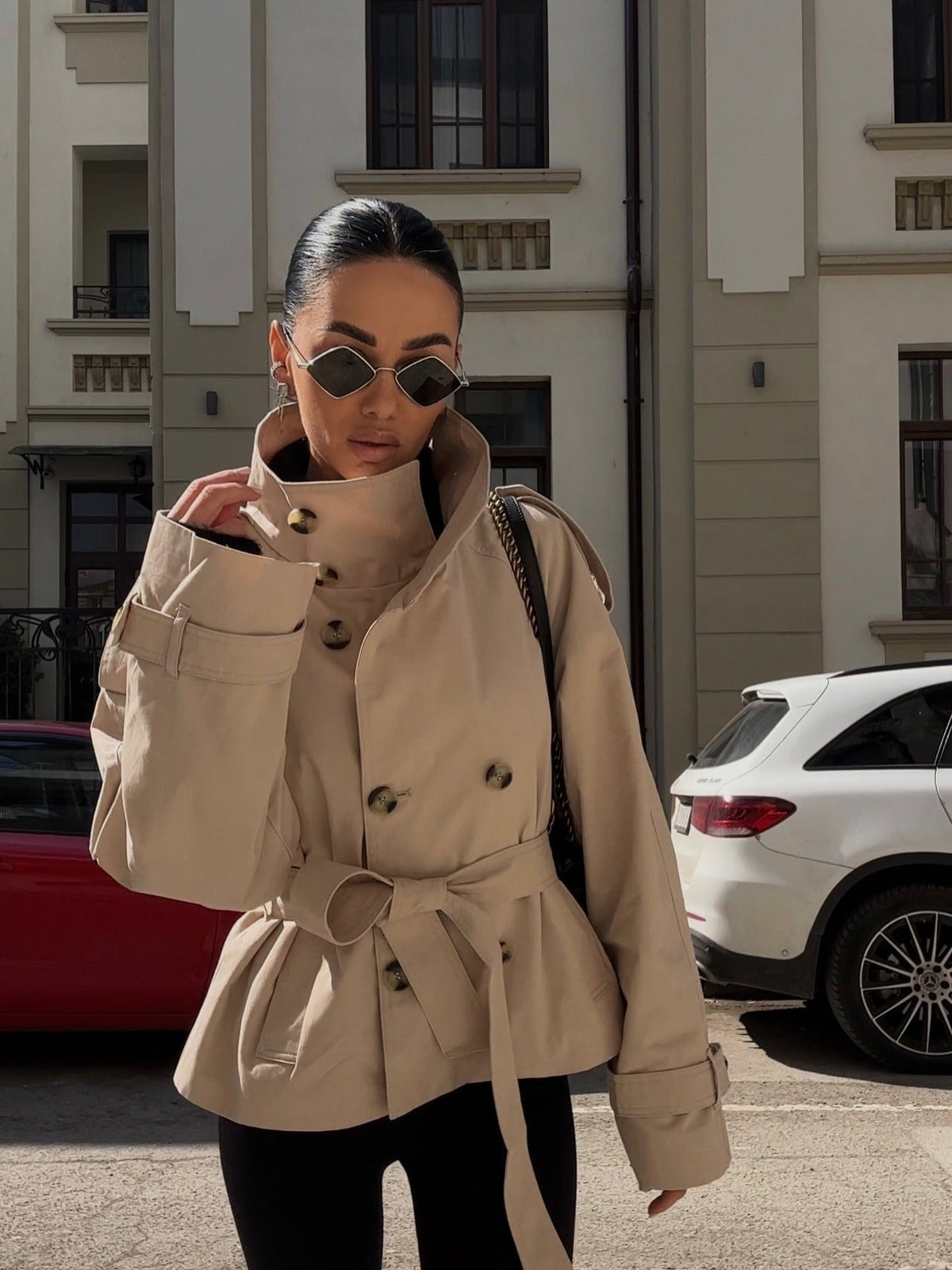 Verona Funnel Neck Belted Cropped Trench Jacket