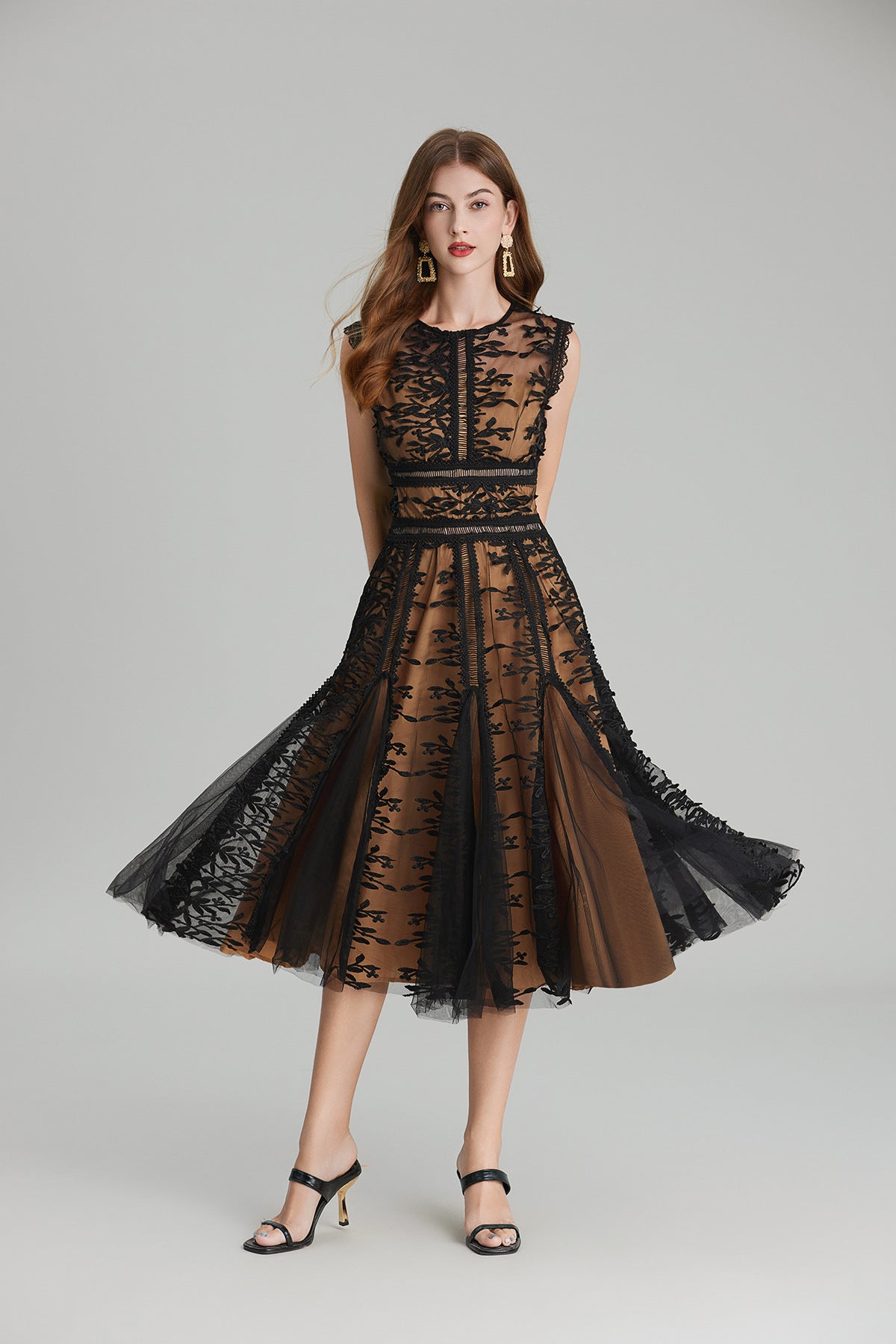 Maëlle Round Neck Mesh Embroidered Midi Dress In Beige