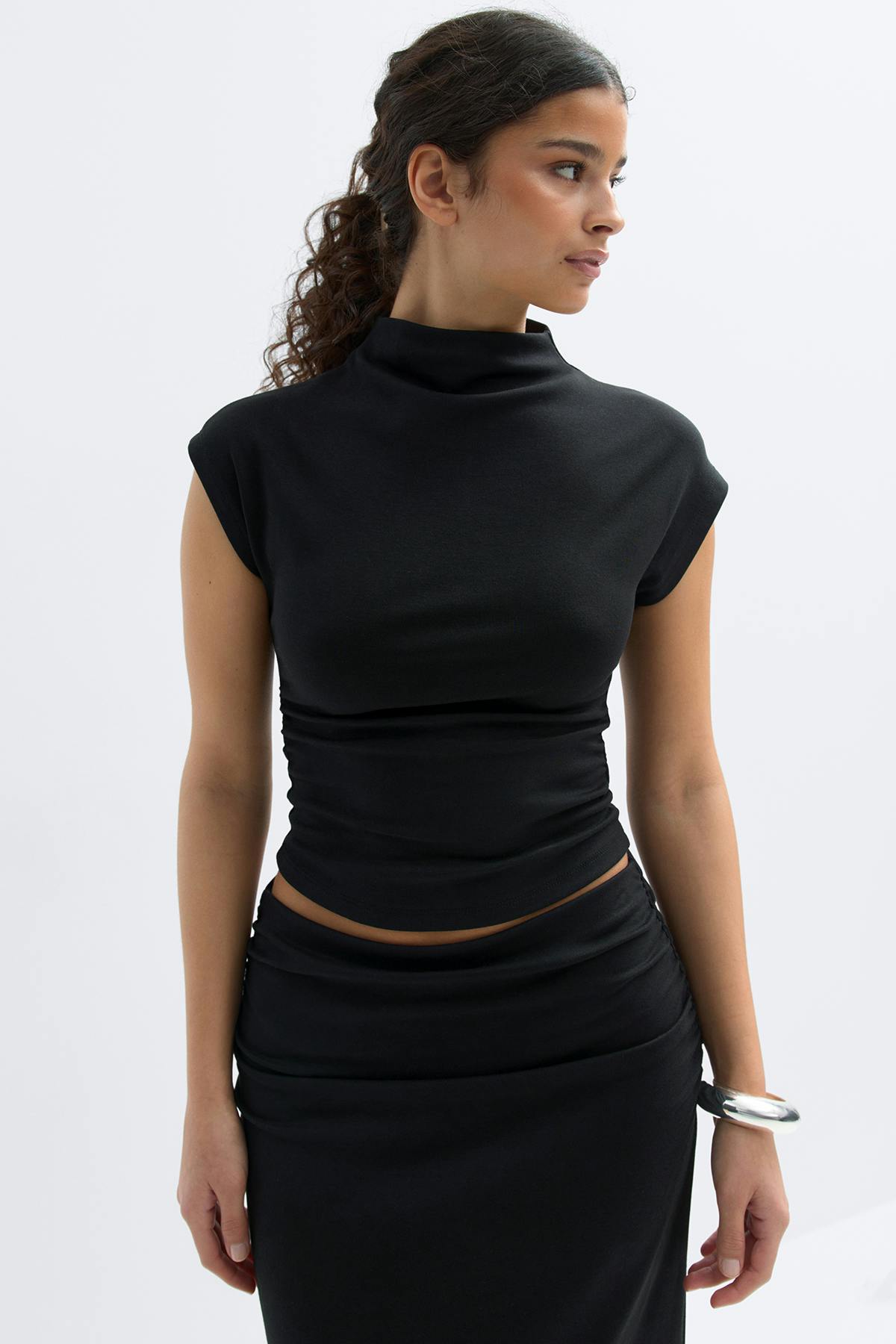 Ruched funnel neck top