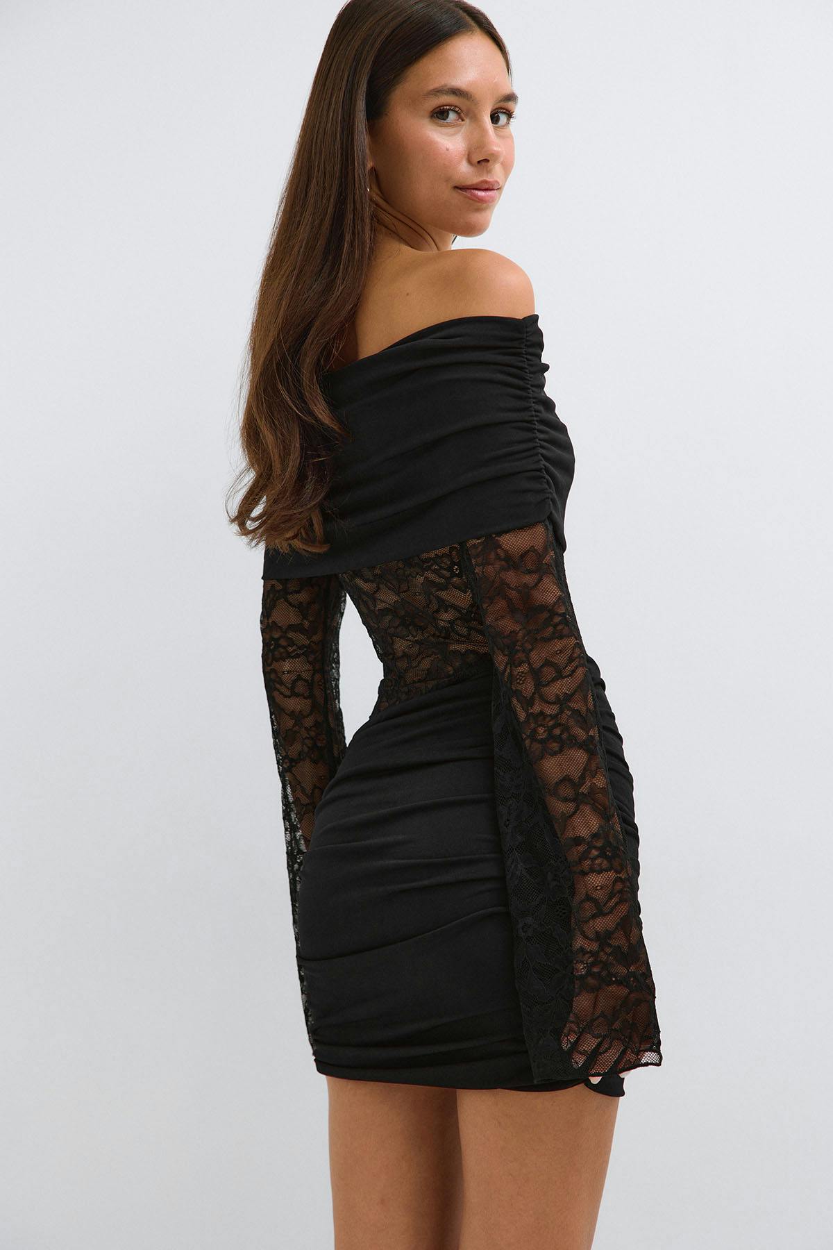 Asymmetric lace mini dress