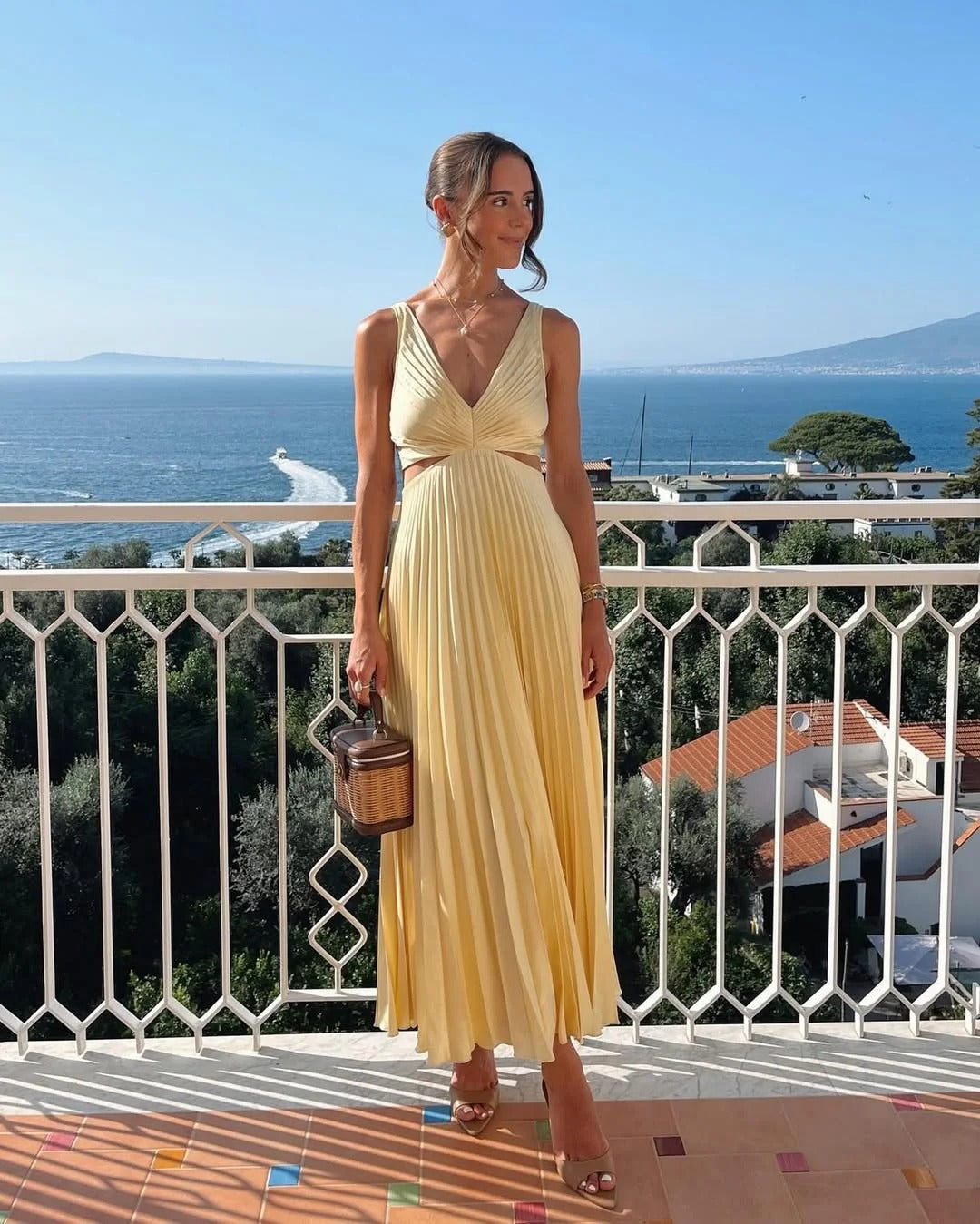 Diana Tricot Pleated Cut-out Maxi Dress
