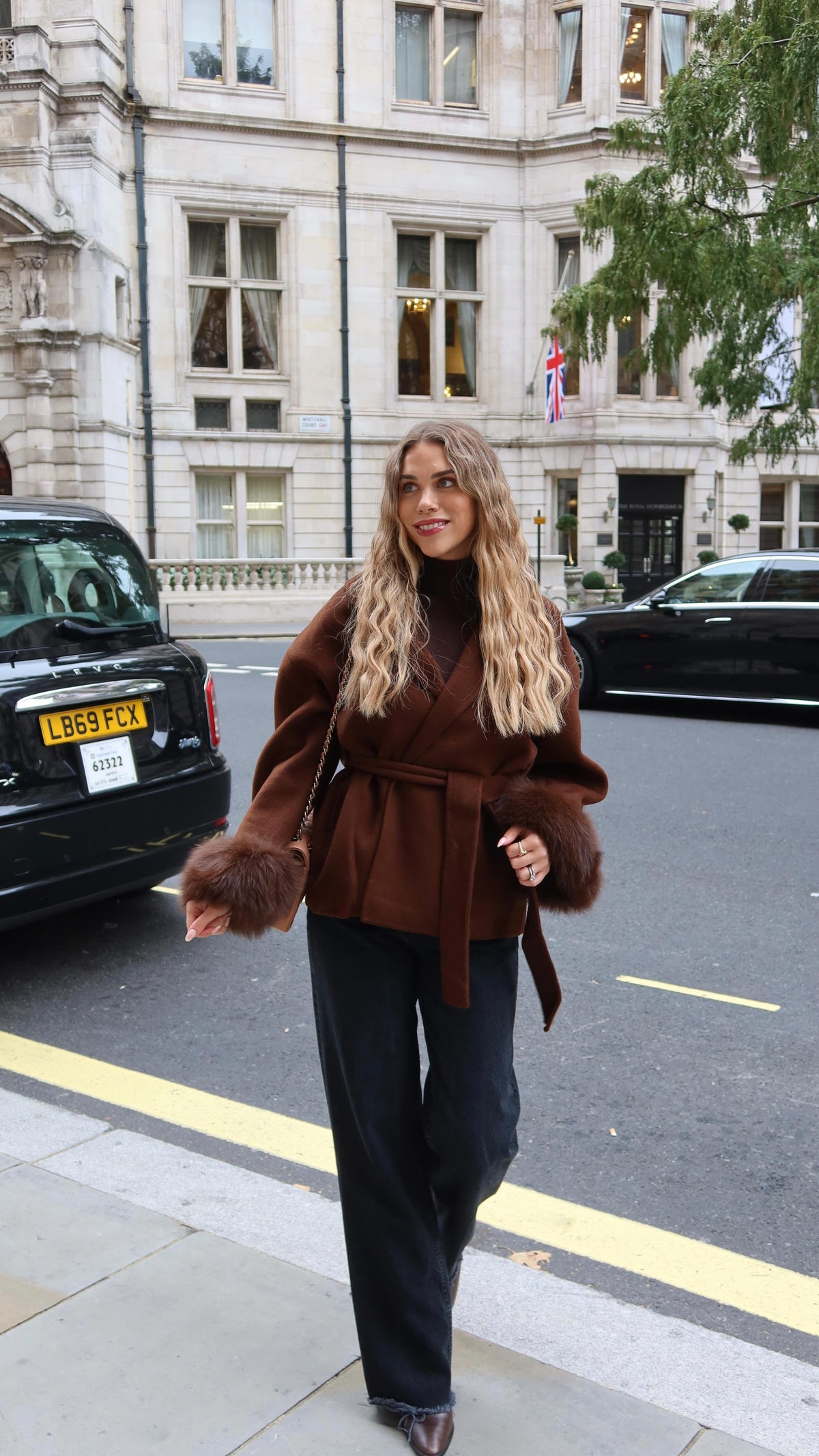 Diana Tricot Faux Fur Cuff Belted Coat