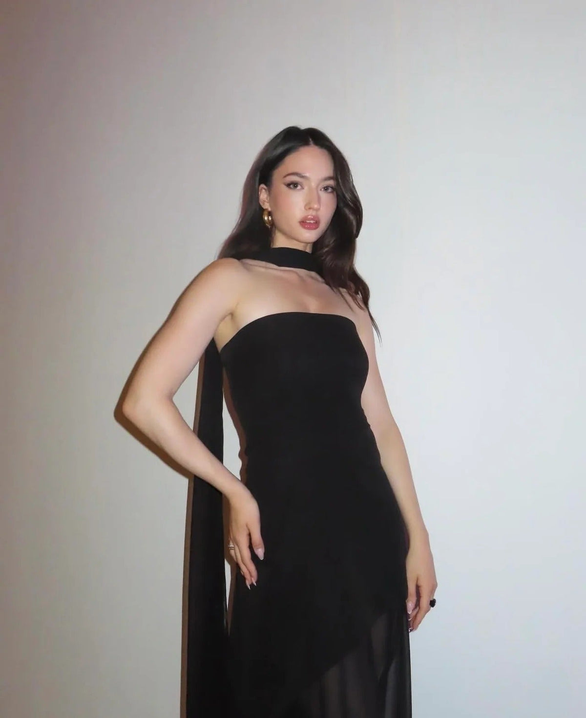 Delilah Asymmetric Sheer Maxi Dress with Scarf