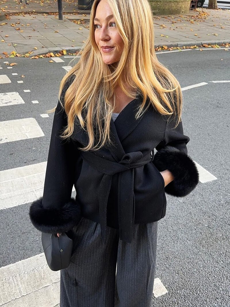 Diana Tricot Faux Fur Cuff Belted Coat